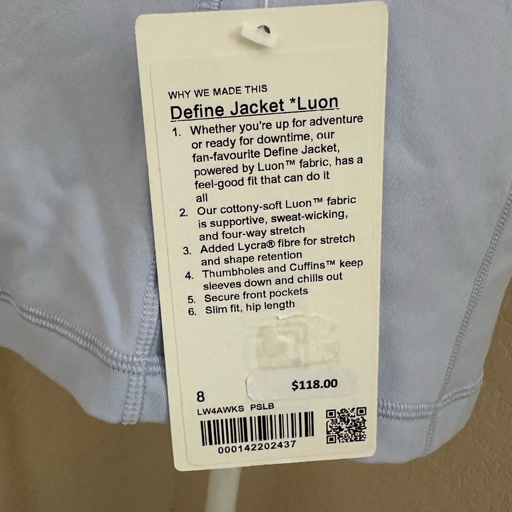 NWT Lululemon “Pastel Blue” PSLB Define Jacket Luon (Size 8) - Picture 9 of 10